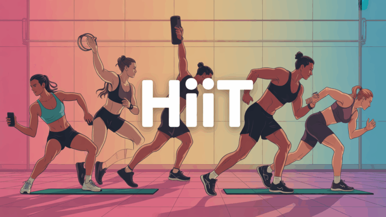 Illustration HIIT sportifs sur tapis smartphone timer energetique