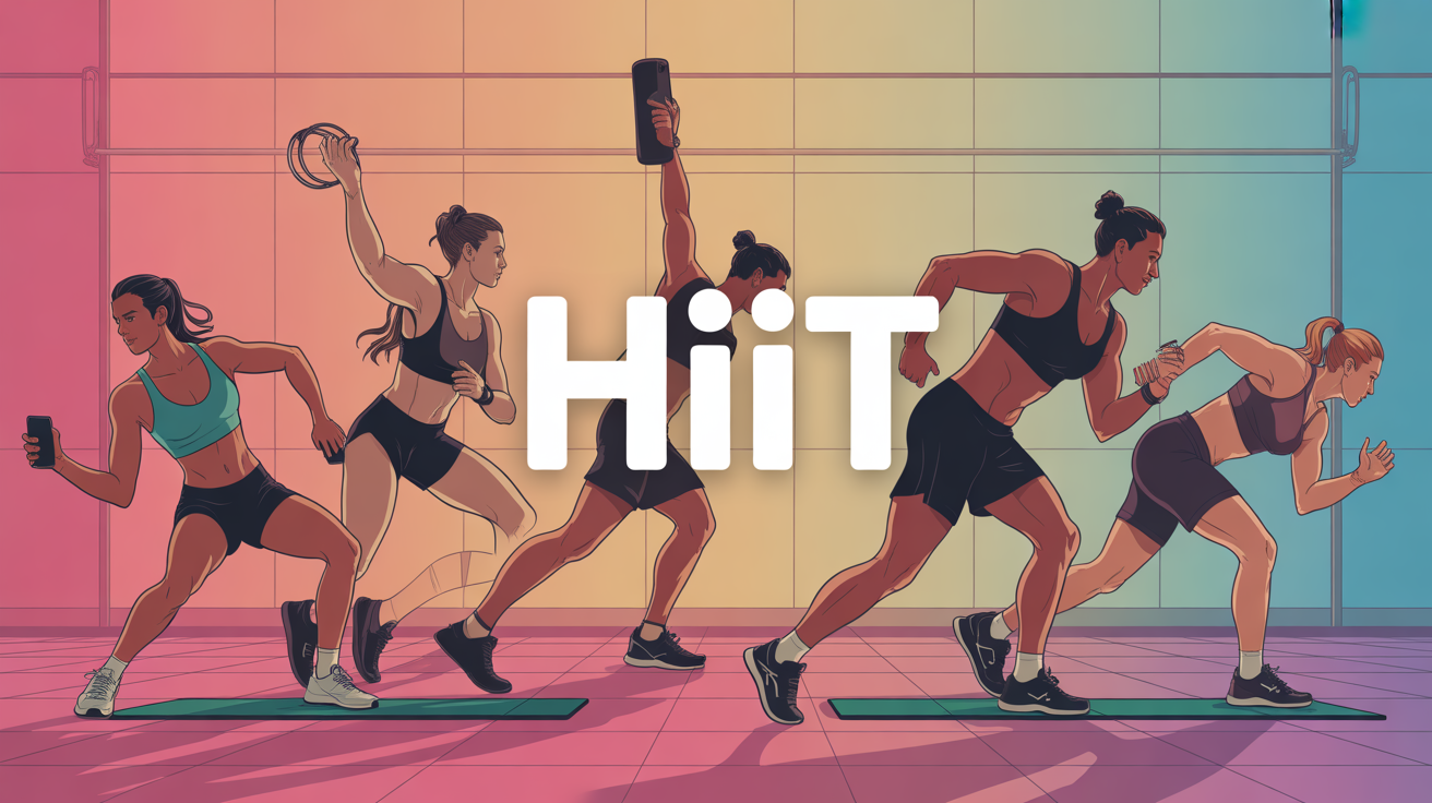 Illustration HIIT sportifs sur tapis smartphone timer energetique
