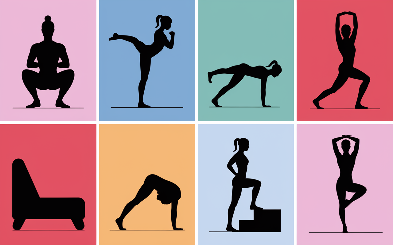 Tableau exercices renforcer genoux squat fente glute bridge