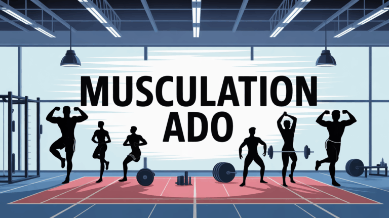 Vue stylisée salle de sport musculation ado haltères silhouettes