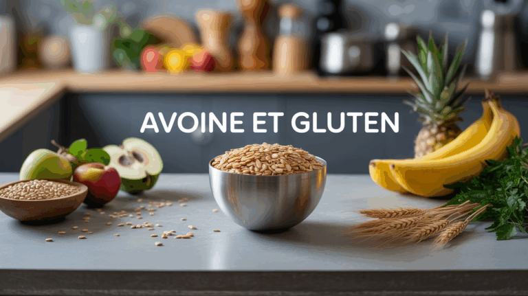 Bol de flocons d'avoine avec fruits et haltère, focus nutrition et gluten