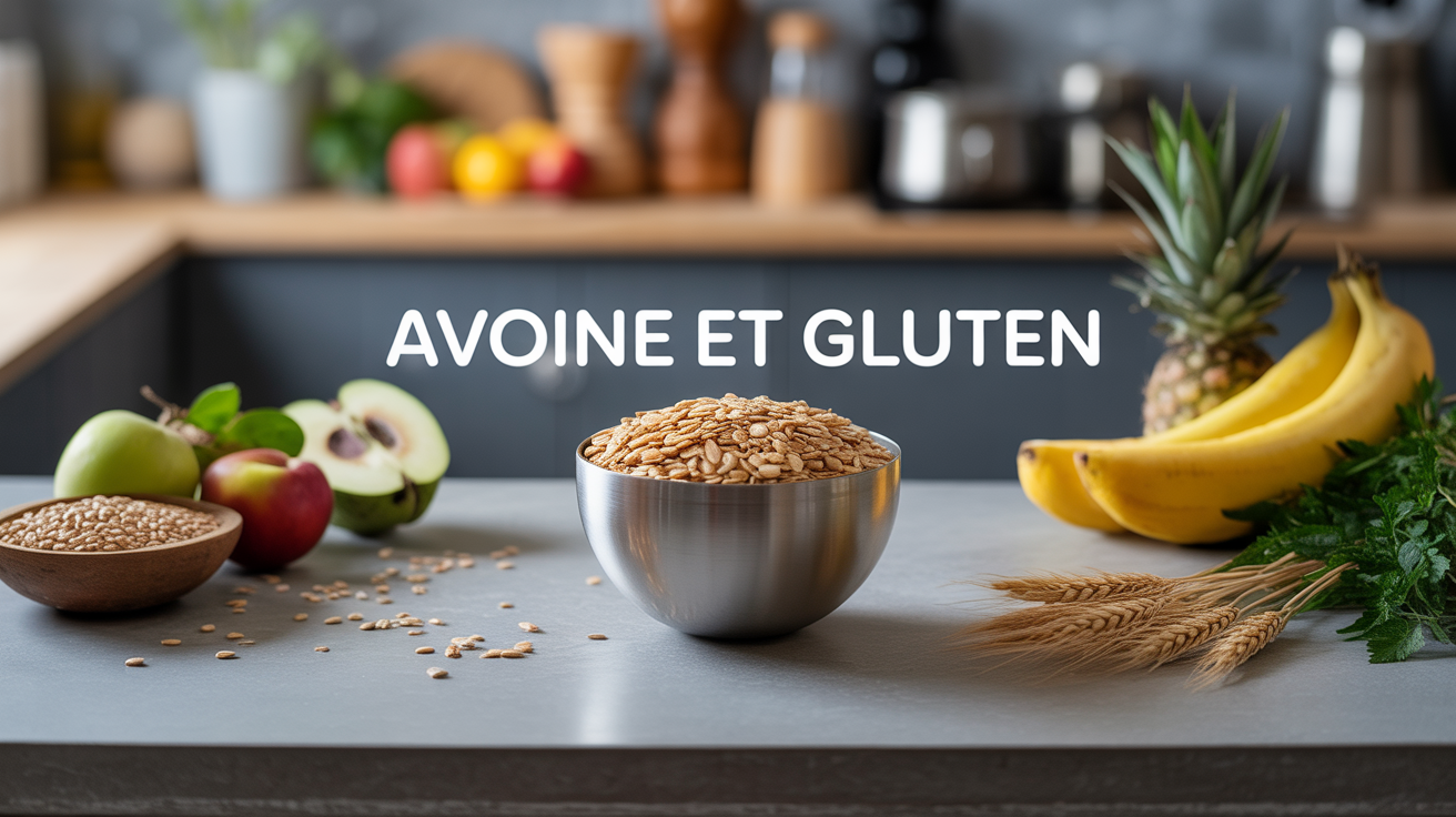 Bol de flocons d'avoine avec fruits et haltère, focus nutrition et gluten