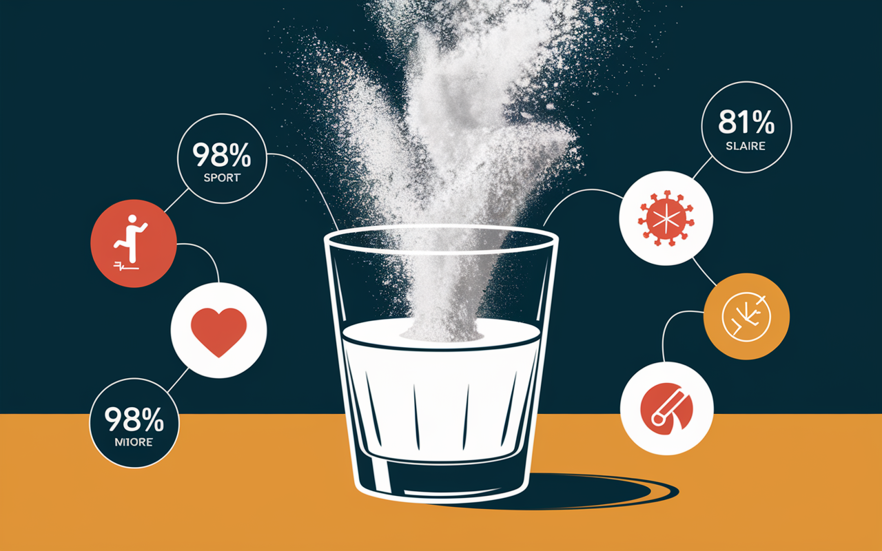 Verre d'eau avec vitamine C en poudre pure, infographie bienfaits santé et énergie