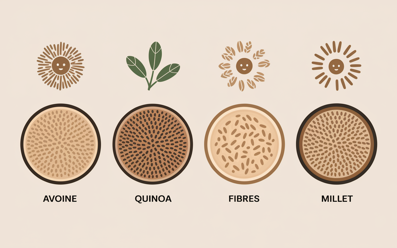 Tableau céréales sans gluten, protéines, fibres, énergie