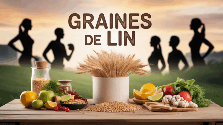 Graines de lin en pot sur table, aliments sains et silhouettes sportives