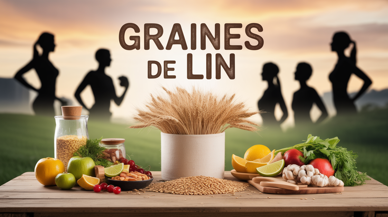 Graines de lin en pot sur table, aliments sains et silhouettes sportives