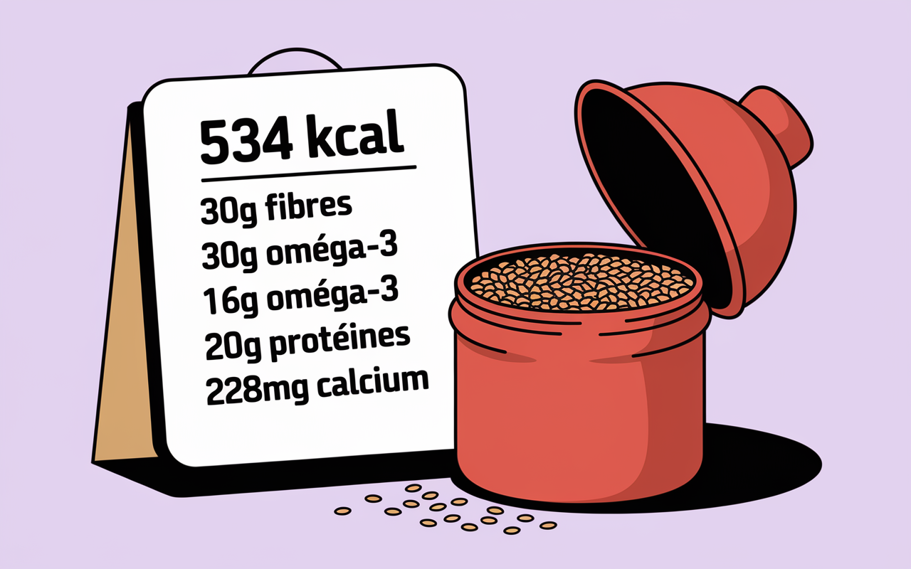 Chiffres nutritionnels clés, graines de lin et cuillère doseuse