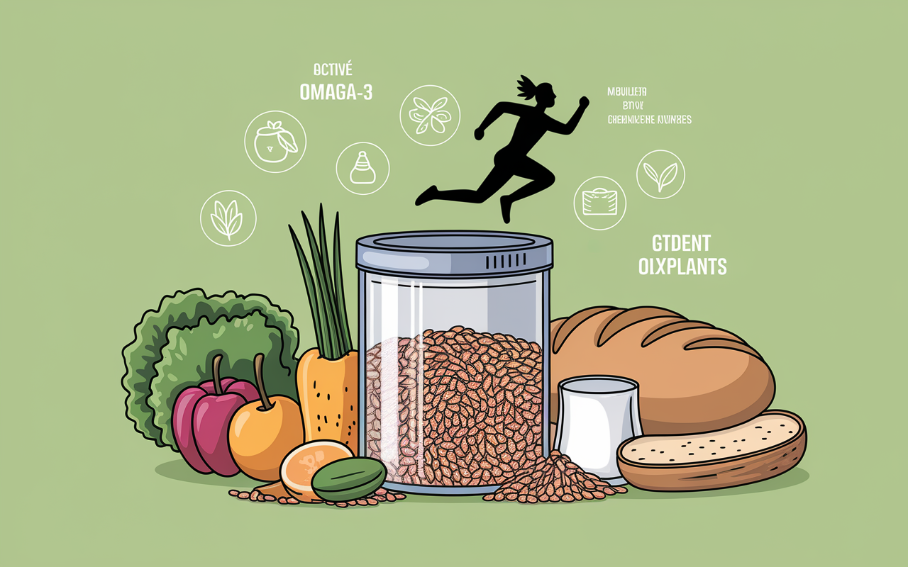 Bol graines de lin moulues, legumes, fruits, symboles nutrition