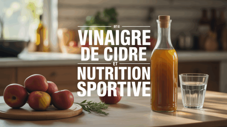 Vinaigre de cidre et nutrition sportive sur table de cuisine avec pommes