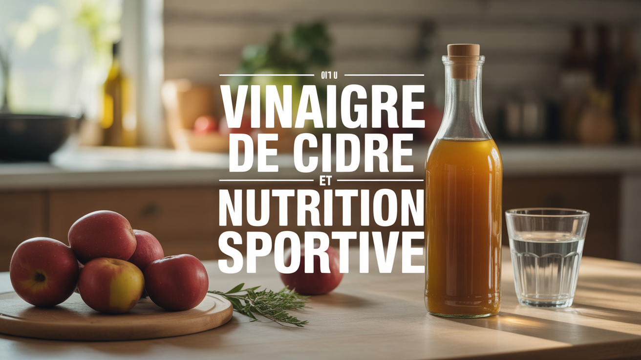 Vinaigre de cidre et nutrition sportive sur table de cuisine avec pommes