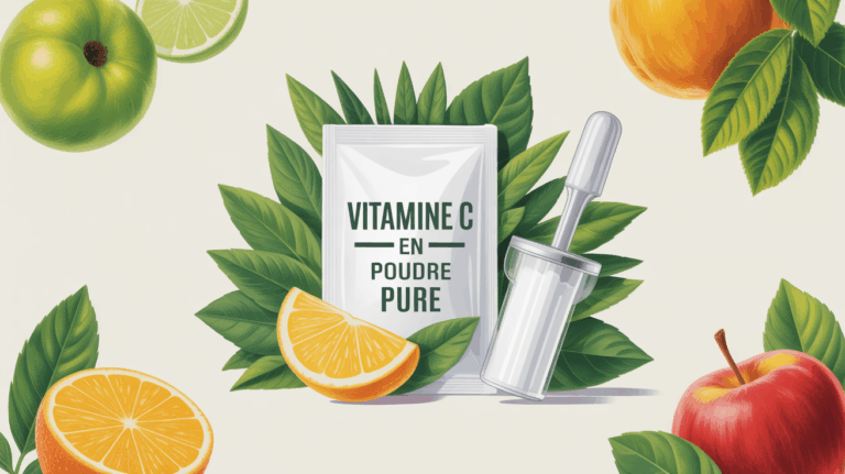 Image de vitamine C en poudre pure en boite et sachet, cuillère doseuse et fruits
