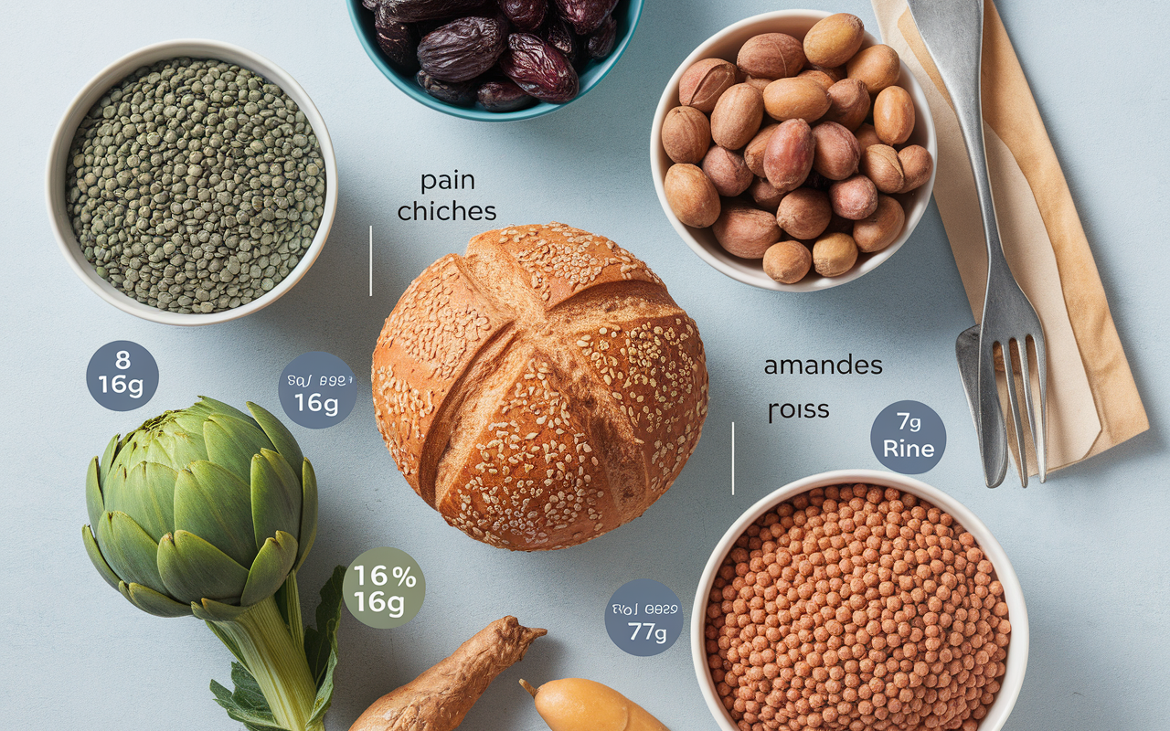 Aliments fibres lentilles pruneaux pain complet artichaut amandes pois chiches