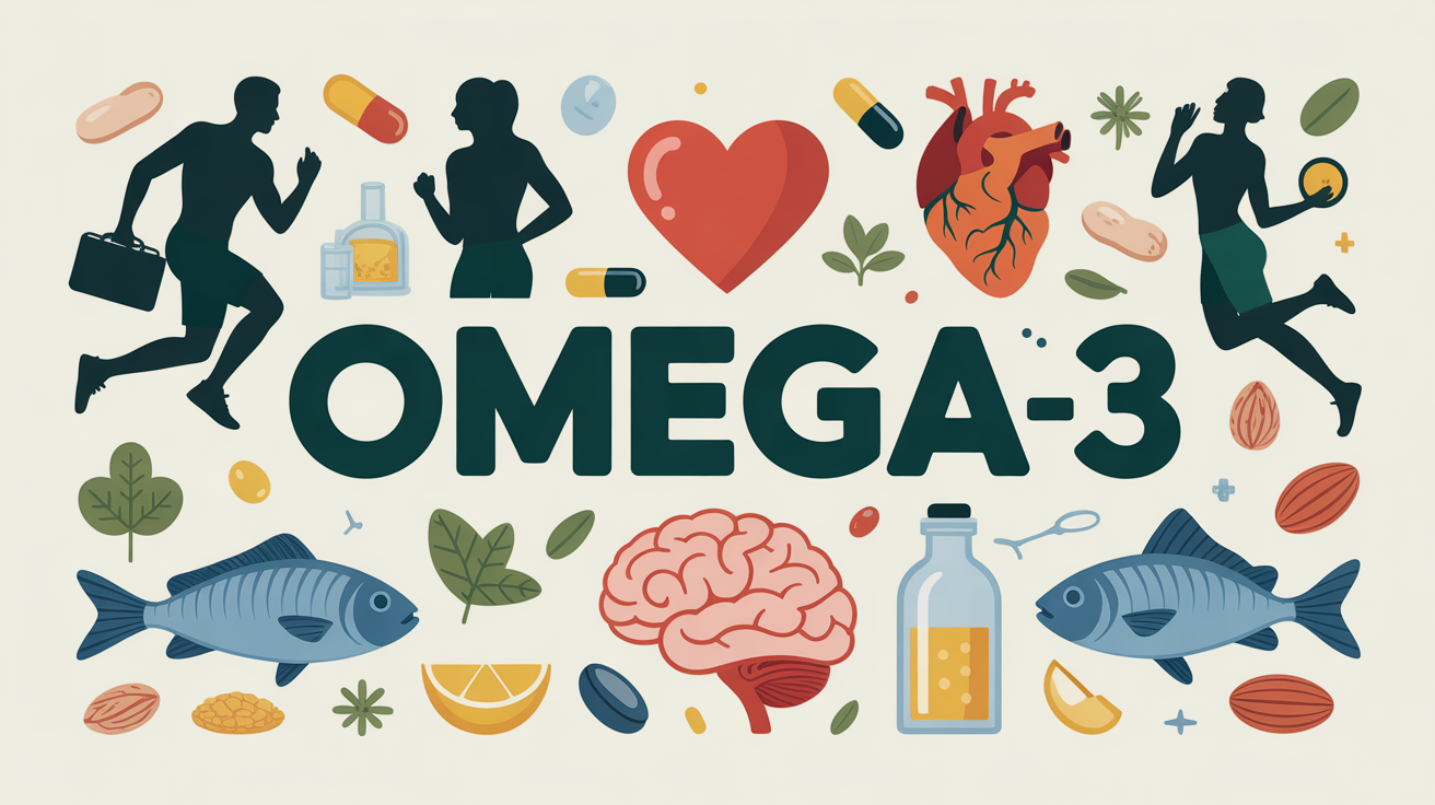 Omega-3 illustration sportifs coeur cerveau poissons noix capsules