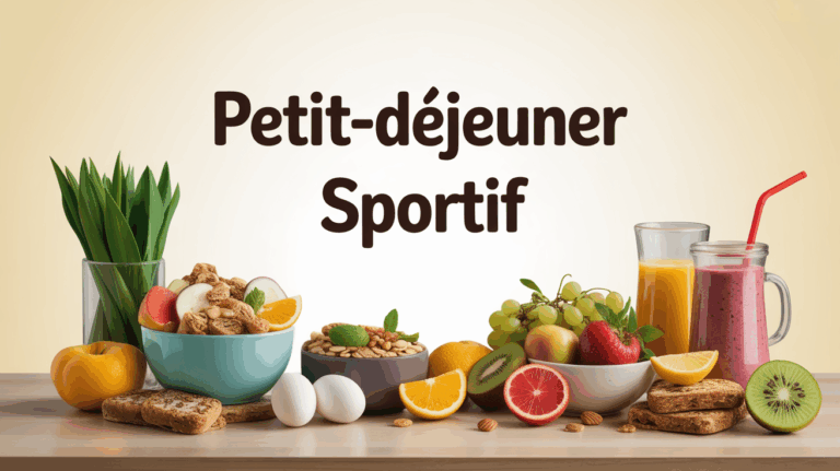 Petit dejeuner sportif aliments variés sur table, energie et recuperation