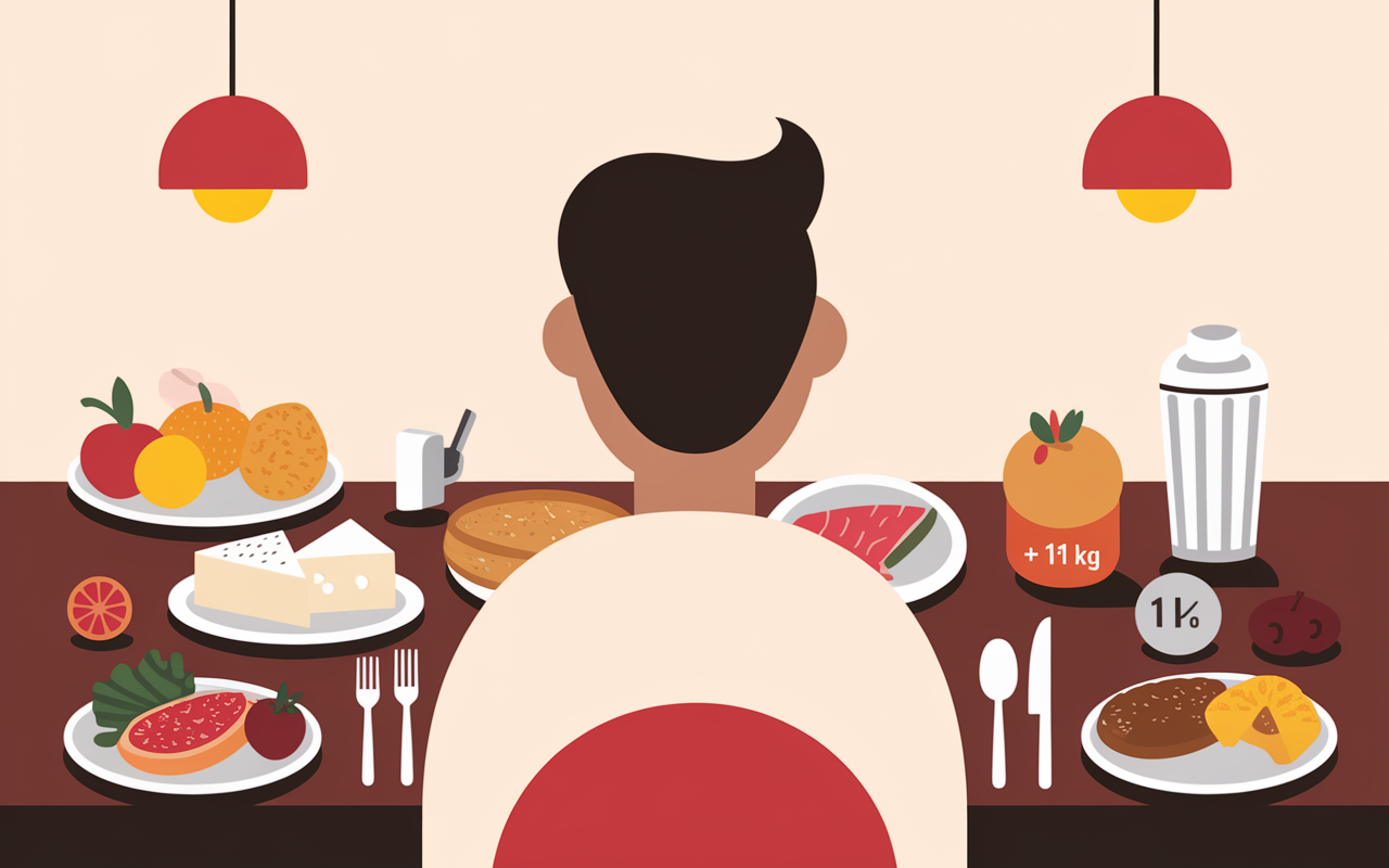 Repas, collations variées et haltère prise de poids