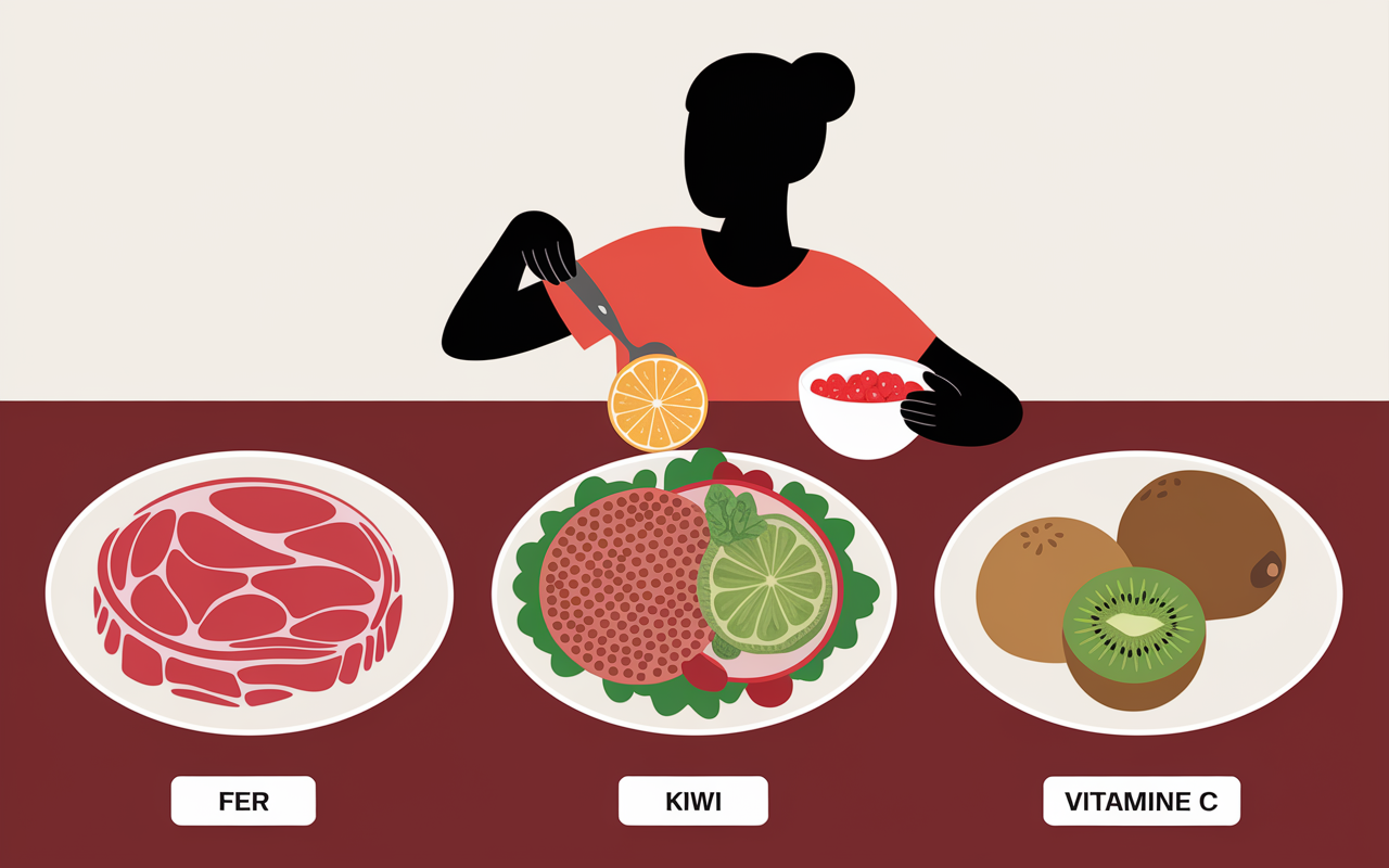 Aliments riches en fer et vitamine C sur table bois