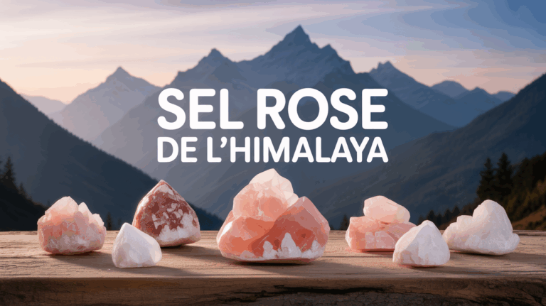 Cristaux de sel rose de l Himalaya sur table avec montagne