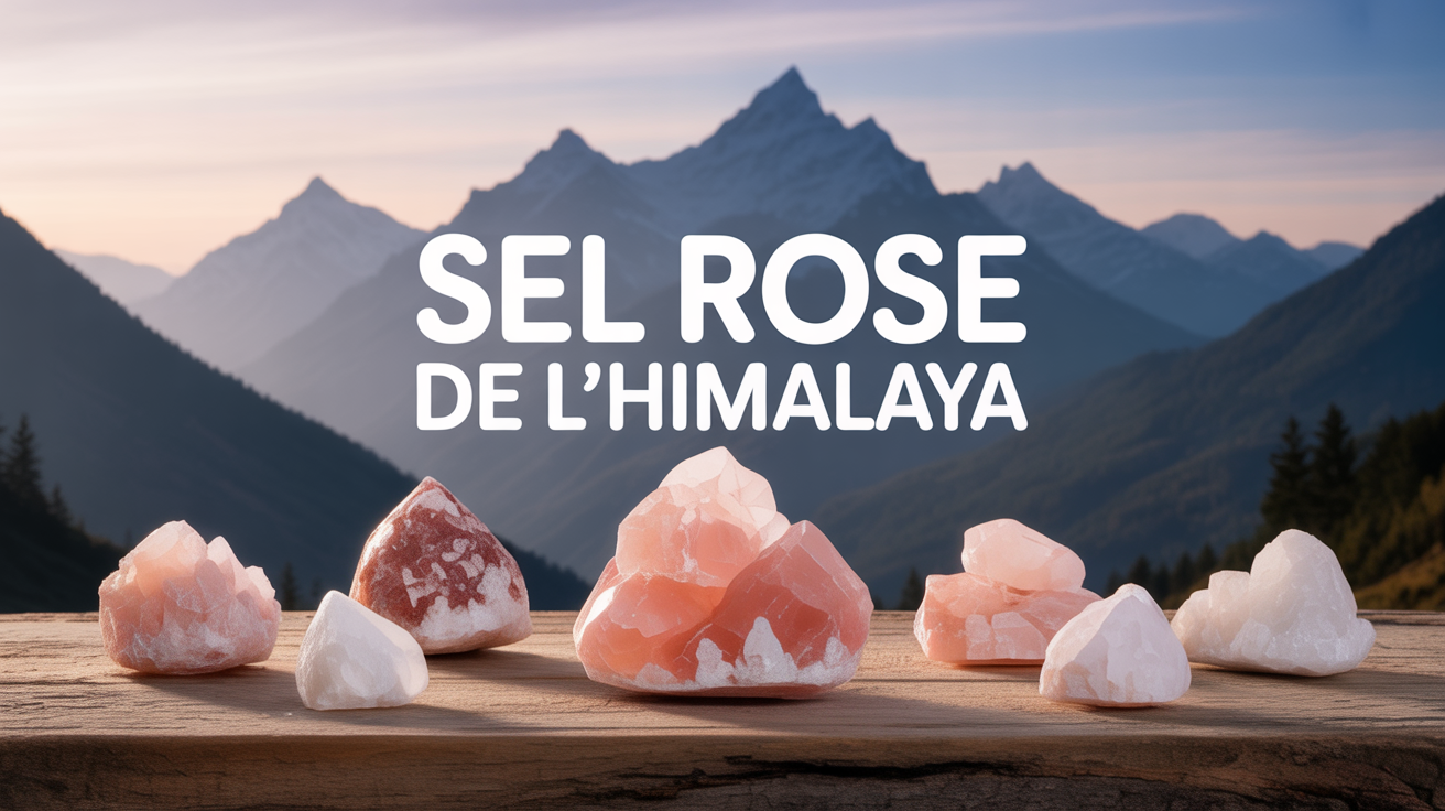 Cristaux de sel rose de l Himalaya sur table avec montagne