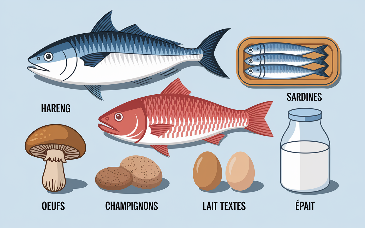 Infographie aliments riches vitamine D et taux par portion