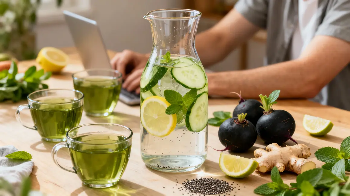 plateau eau aromatisée, thé vert, radis noir, menthe et gingembre