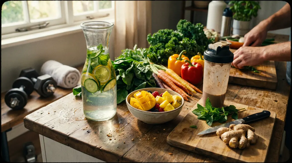 plan de travail avec eau infusée, fruits, gingembre et accessoires sport