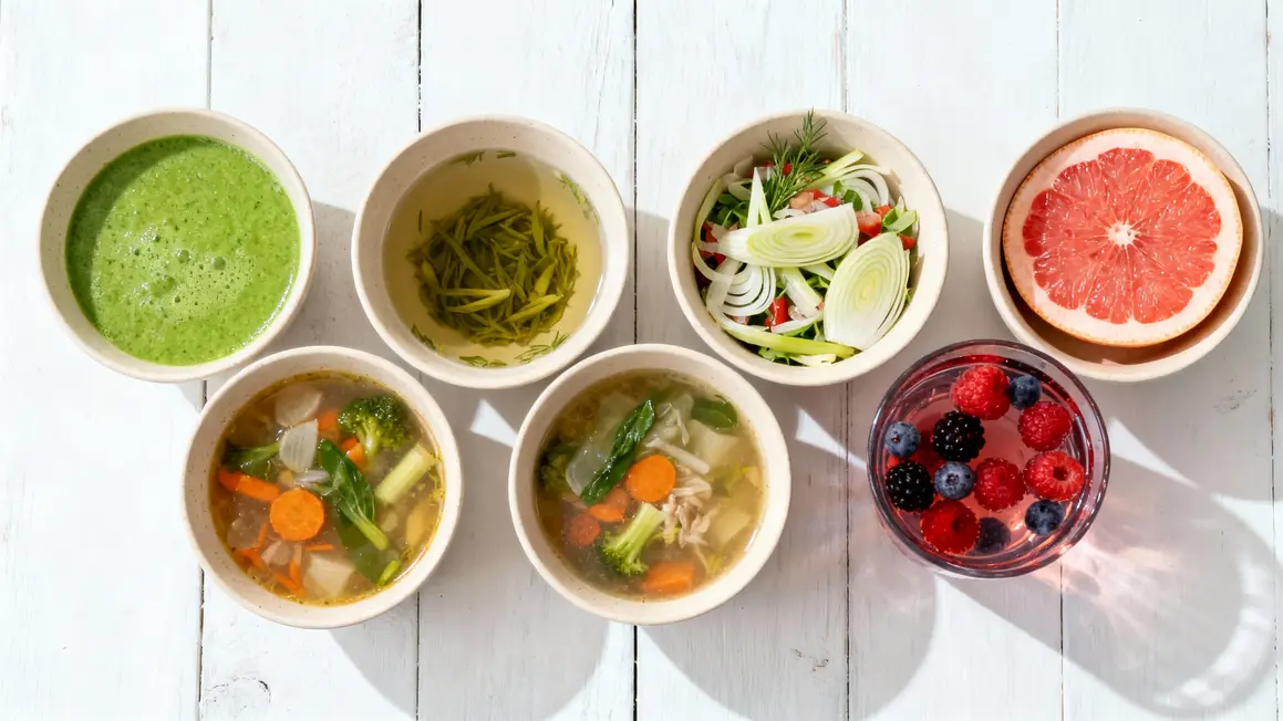 5 bols avec smoothie vert, infusion, soupe, salade, eau infusée