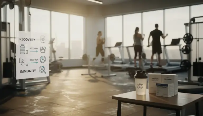 Salle de sport moderne avec compléments et glutamine, récupération, digestion, immunité