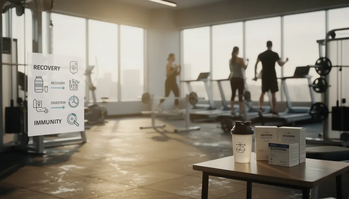 Salle de sport moderne avec compléments et glutamine, récupération, digestion, immunité
