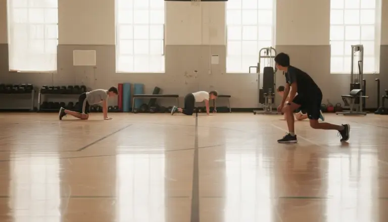 Salle lumineuse, jeunes font squats et pompes musculation