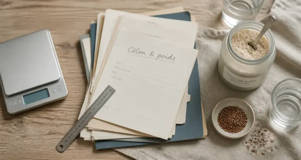 Nettoyage du côlon et perte de poids : balance, psyllium et eau sur table