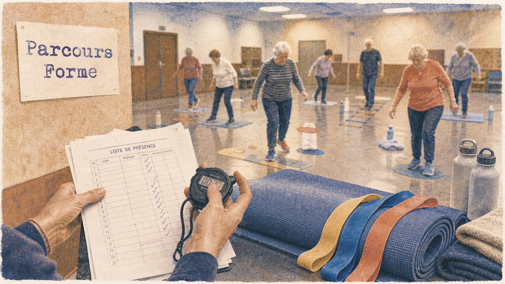 Parcours forme et bien etre tours : éducatrice encadre seniors pour exercices d’équilibre