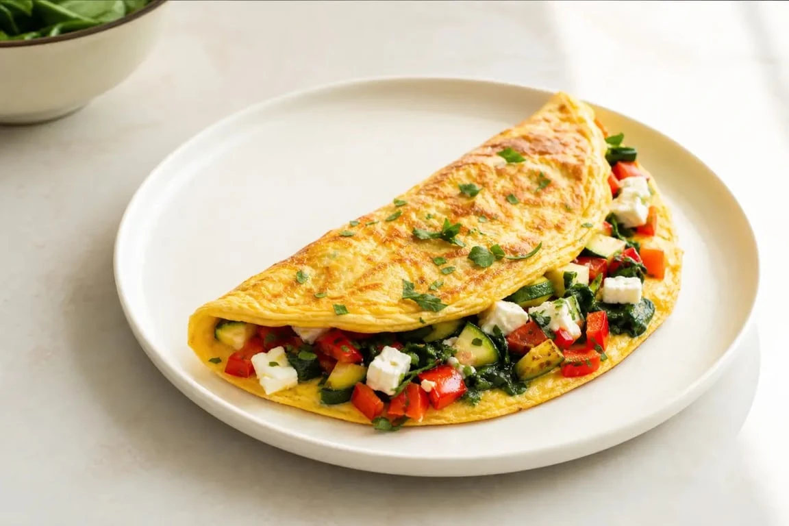 Omelette healthy aux légumes et feta servie dans une assiette, recette omelette healthy appétissante et légère