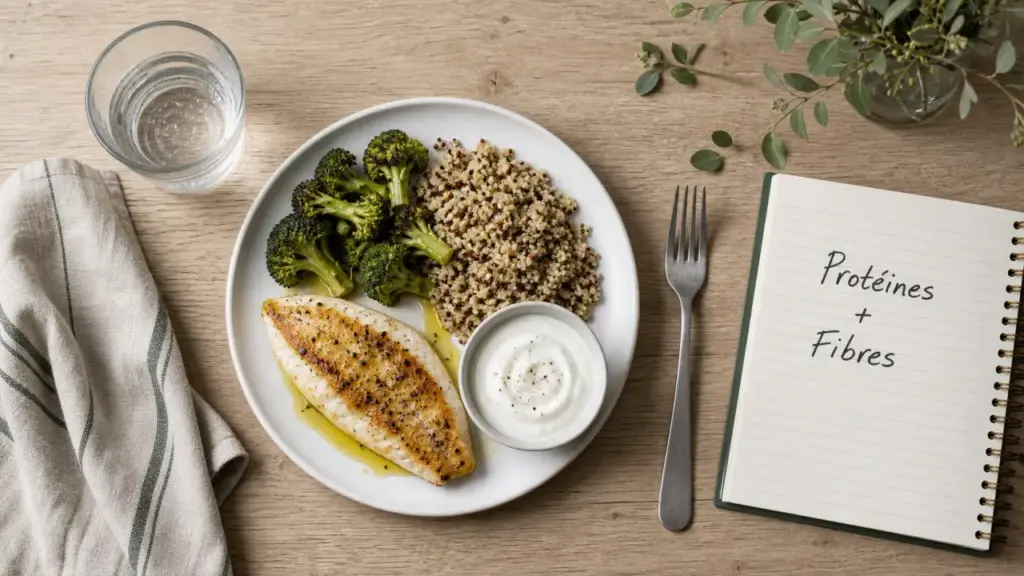 Maigrir du ventre alimentation : dîner fibres et protéines, poisson, brocoli, quinoa, skyr