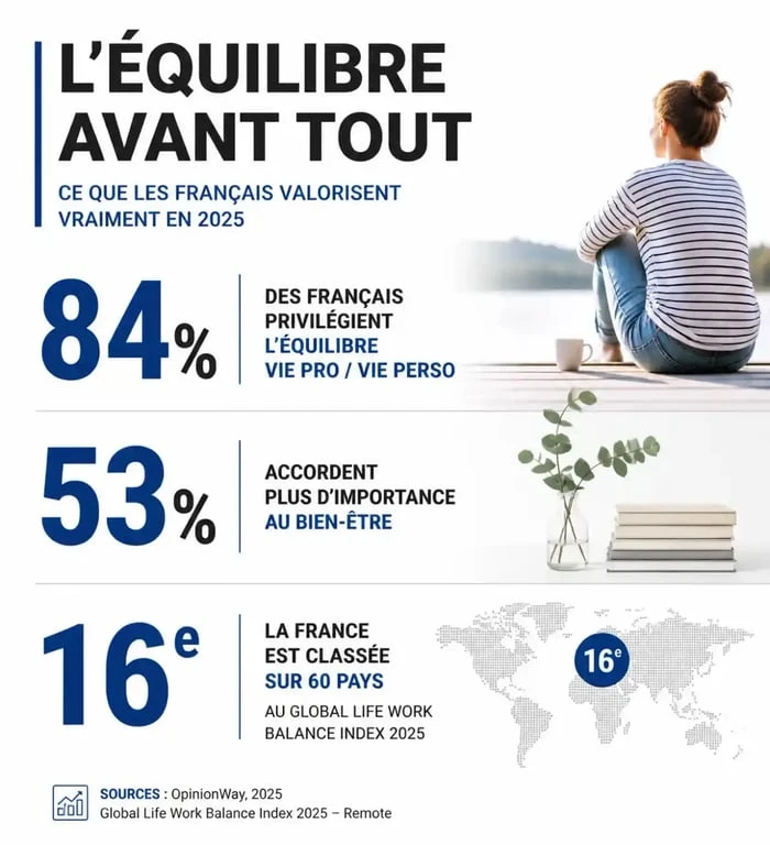 Infographie sur les statistiques de l'équilibre de vie et bien-être au travail en France
