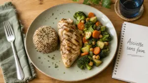 Quoi manger en regime : assiette minceur poulet, légumes, quinoa sans faim