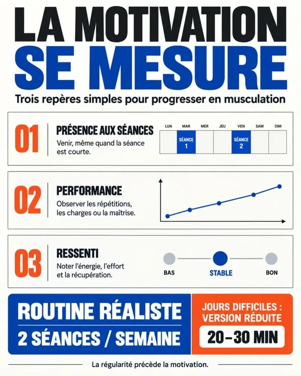 Infographie sur la motivation musculation et les trois repères de progression