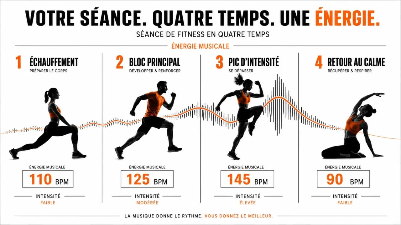 Infographie musique fitness montrant l'évolution de l'énergie musicale pendant une séance d'entraînement