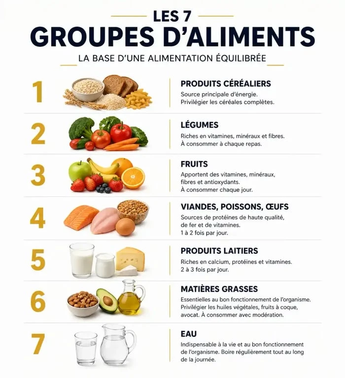 Tableau visuel des 7 groupes d'aliments pour une alimentation équilibrée