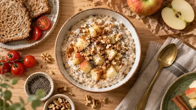 Petit dej équilibré recette : porridge pomme-cannelle au skyr, graines de chia