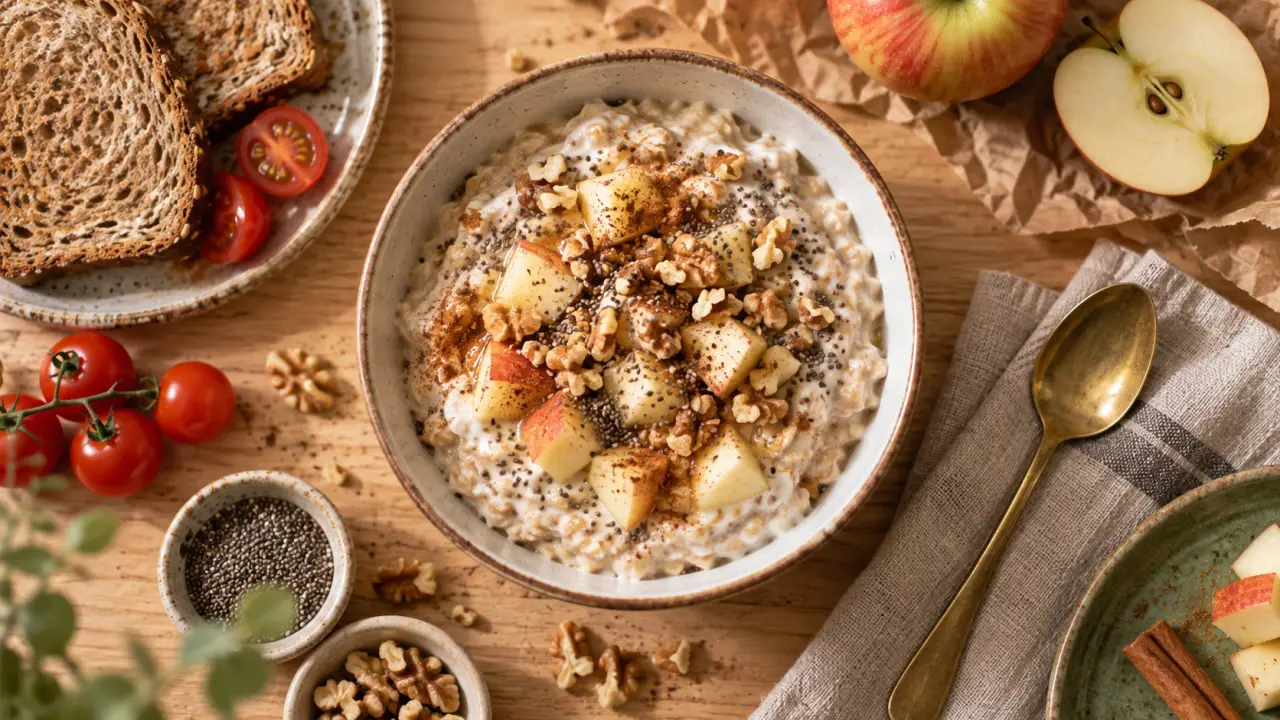 Petit dej équilibré recette : porridge pomme-cannelle au skyr, graines de chia