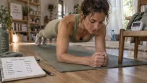 Femmes fitness à la maison : gainage sur tapis et minuteur