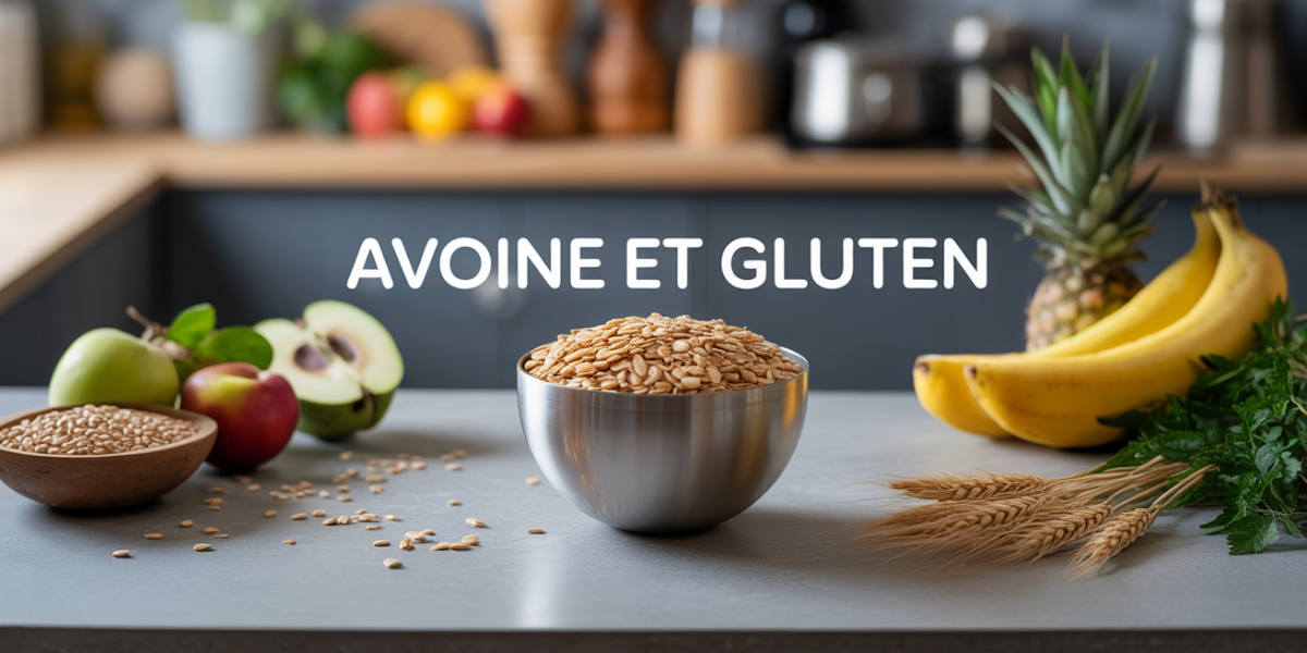 Bol de flocons d'avoine avec fruits et haltère, focus nutrition et gluten