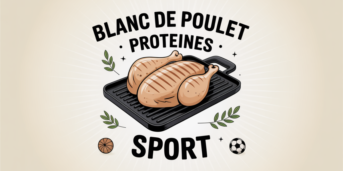 filet de blanc de poulet grillé avec icones sportives et titre proteines sport