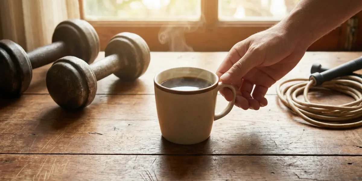 café brûle-graisse sur table avec halteres et corde