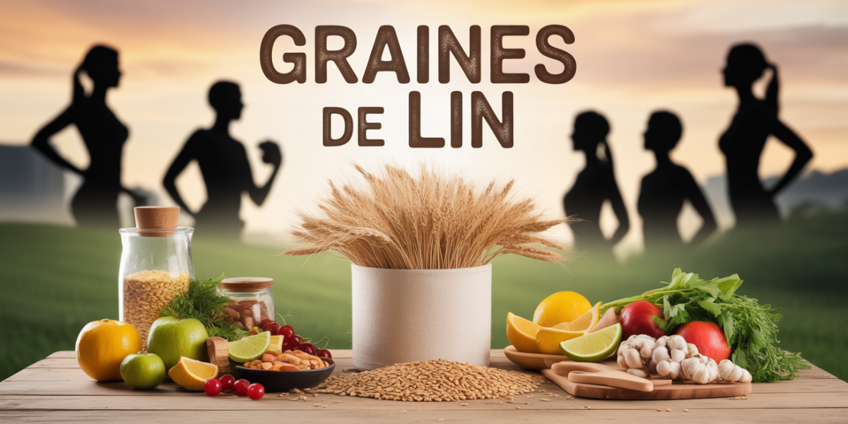 Graines de lin en pot sur table, aliments sains et silhouettes sportives