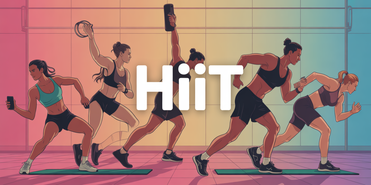Illustration HIIT sportifs sur tapis smartphone timer energetique