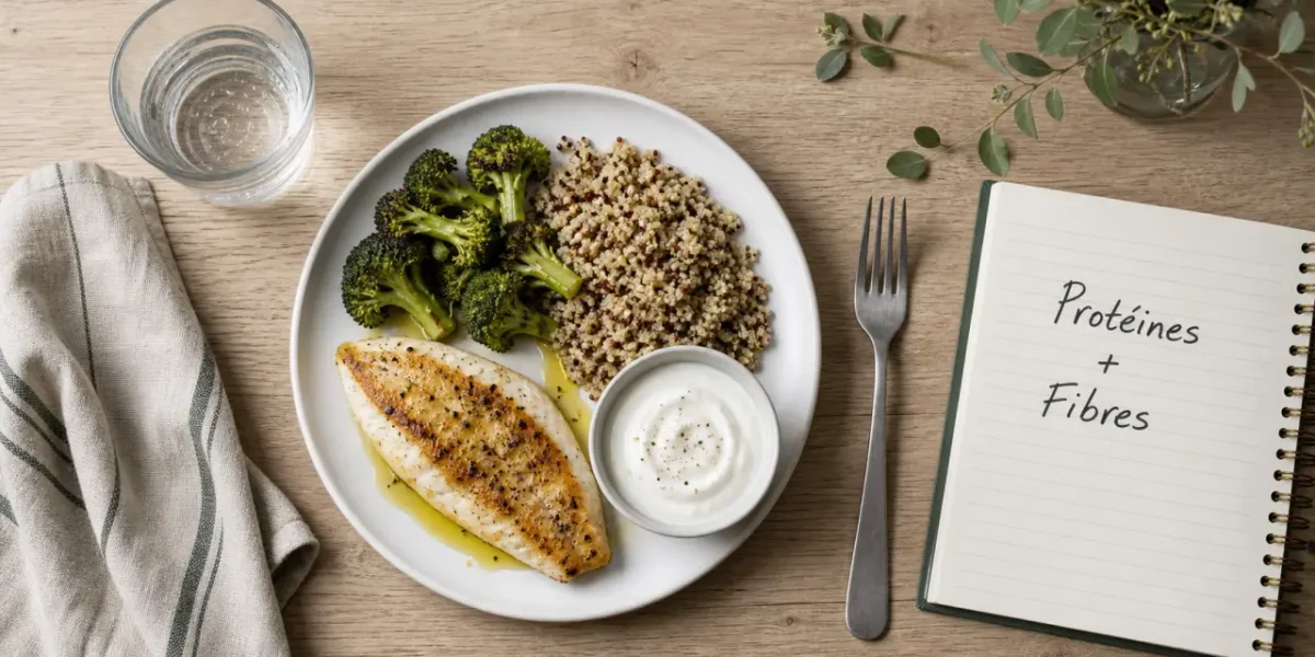 Maigrir du ventre alimentation : dîner fibres et protéines, poisson, brocoli, quinoa, skyr