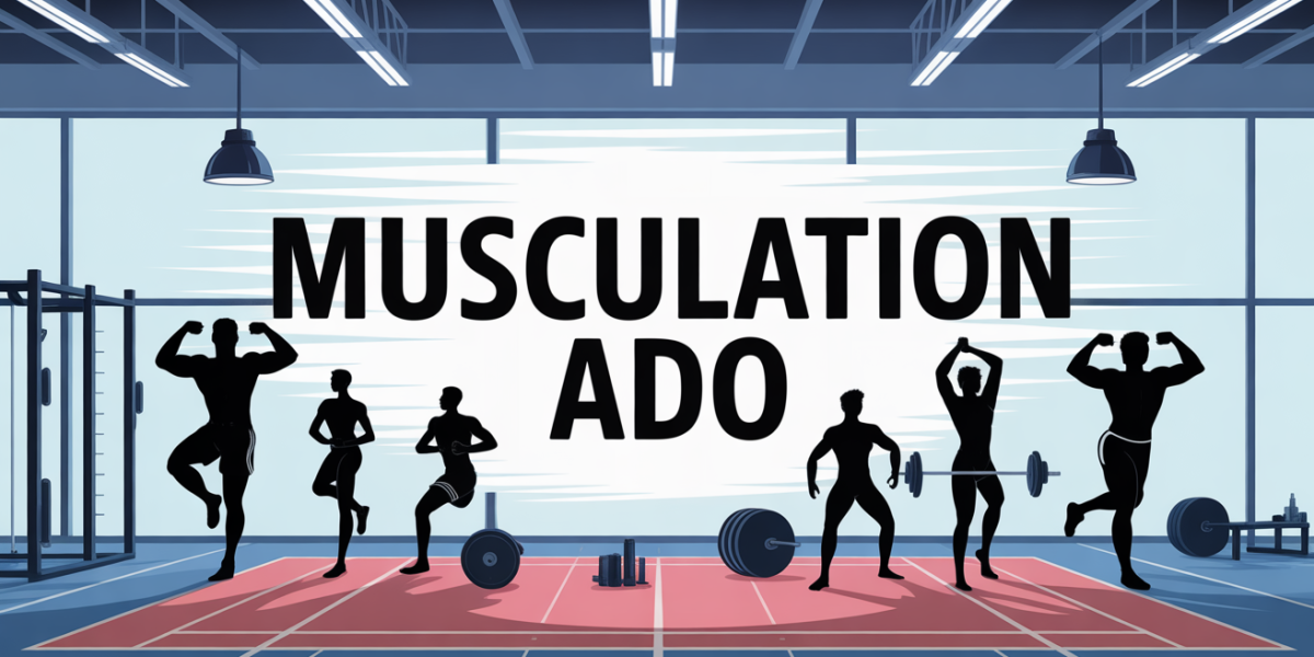 Vue stylisée salle de sport musculation ado haltères silhouettes