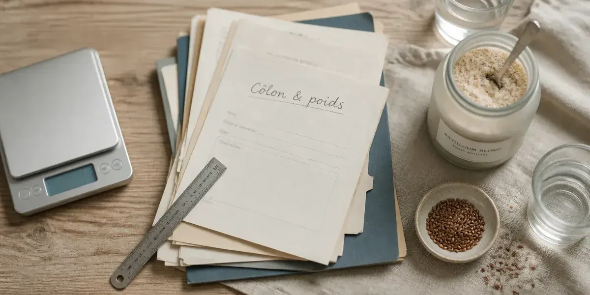 Nettoyage du côlon et perte de poids : balance, psyllium et eau sur table