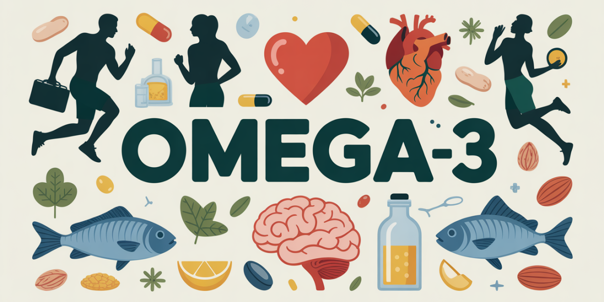 Omega-3 illustration sportifs coeur cerveau poissons noix capsules